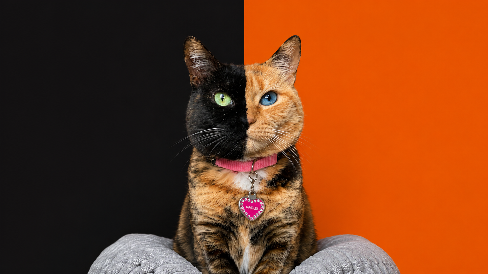 Venus Cat on a black and orange background